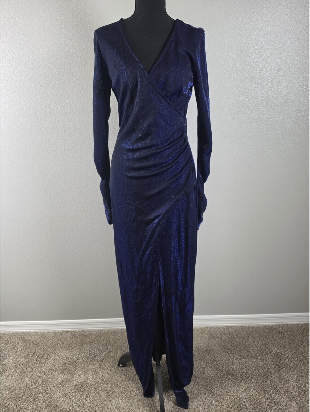 Womens Blue HONEY And Rosie Xl Formal Long Sleeve Dress With Leg Slit